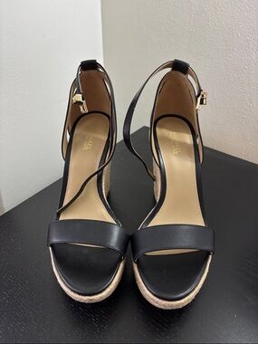 MICHAEL MICHAEL KORS Black Leighton Leather Wedge Sandal with Ankle Strap